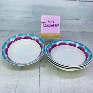 Furio MERIDA Aqua And Purple Geometric Rim Smooth Ceramic Soup Cereal Bowl Set 4